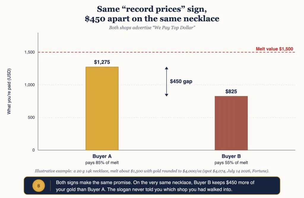 Bar chart comparing two gold buyers advertising the same record prices slogan, one paying 85 percent of melt for $1,275 and one paying 55 percent for $825 on an identical $1,500 necklace